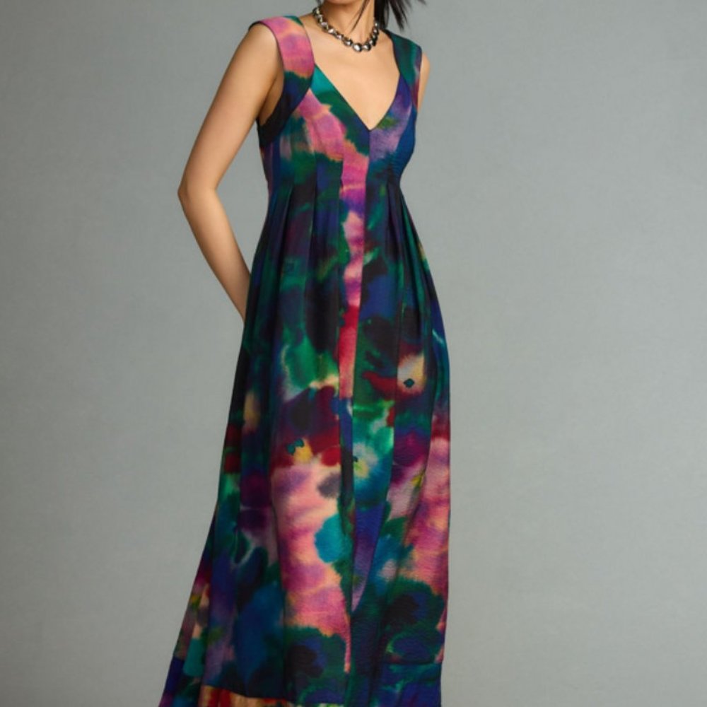 Anthropologie V-Neck Pleated A-Line Watercolor Printed Dress